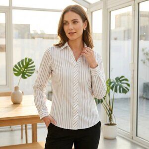 Gold Label Striped Button-Up Women's Top Size 4P Open Collar Button Cuff Sleeves